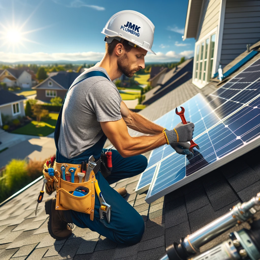 a JMK Plumbing plumber installing a solar water heater.