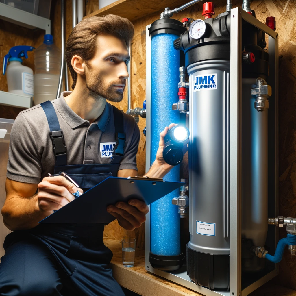 a member of the JMK Plumbing Team checking the water filtration systems for a house