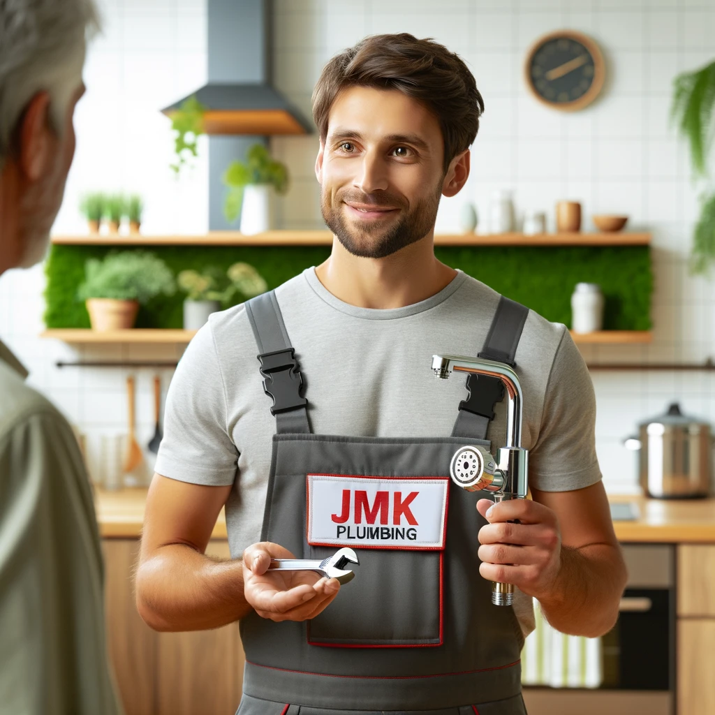 a JMK Plumbing plumber explaining sustainable water-saving practices in a modern kitchen