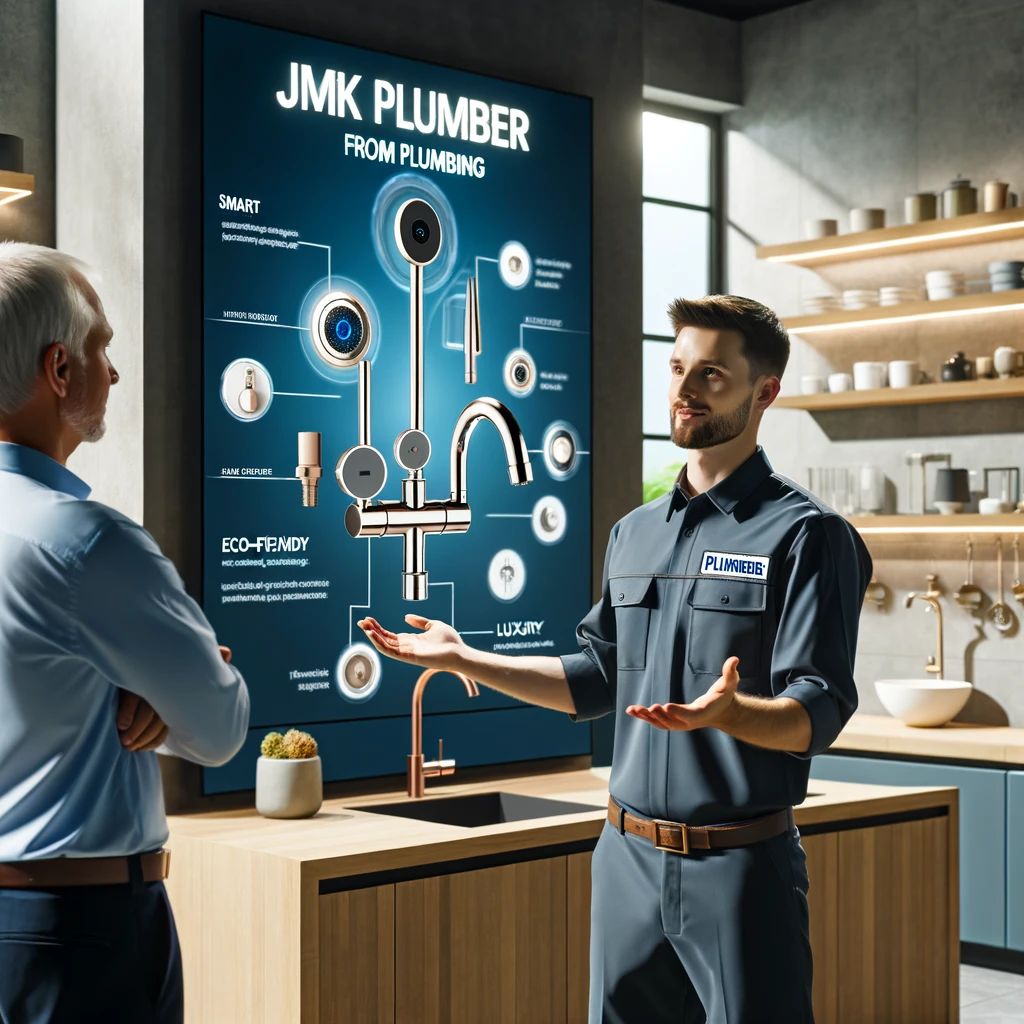 a member of the JMK Plumbing team, wearing a company plumber uniform, as they explain the latest trends in bathroom and kitchen design