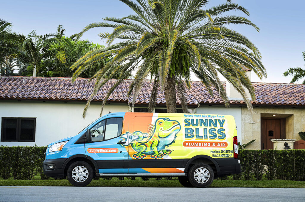 Sunny Bliss Plumbing & Air van in front of Miami home